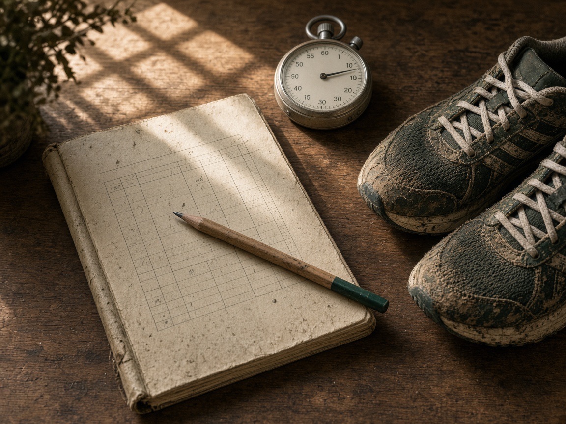 Training log, stopwatch, and running shoes on a wooden table