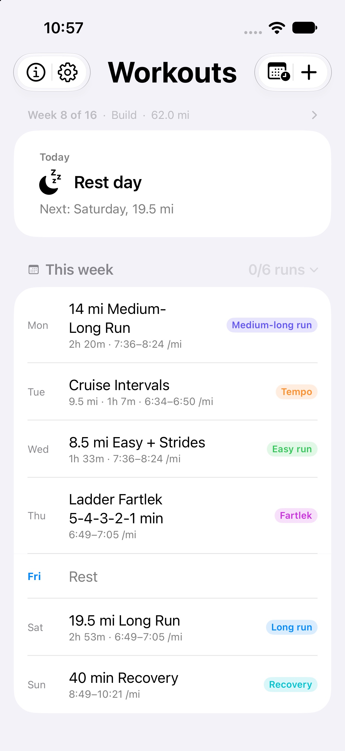RunCoachSync advanced marathon week with tempo and fartlek workouts